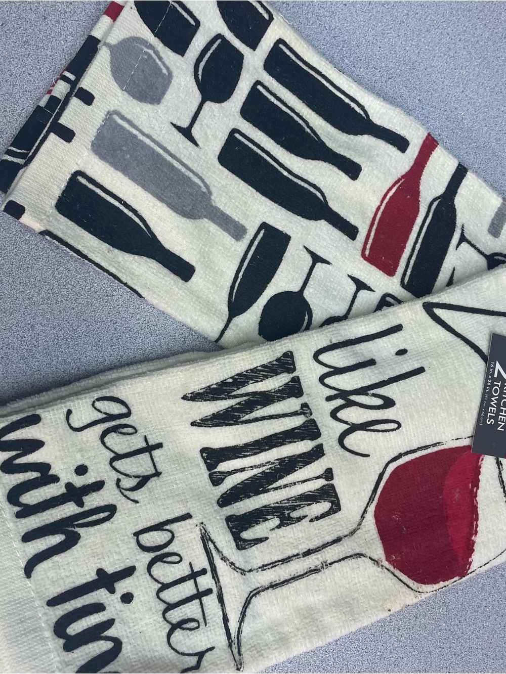 Kitchen Towels set of two Wine Bottle & Glass Print in Cream, Black & Red